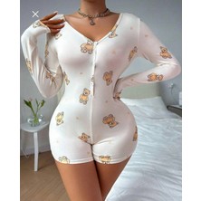 TKÇ Ieg™ Pamuklu Beyaz Ayıcık Desenli Düğmeli Uzun Kol Tulum Pijama