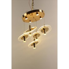 GN Gen Aydınlatma Modern Gold Tepsi 5li Yatay Disk Formlu Kristalize 3 Renk LED Avize