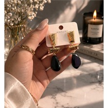 Bymiel Özel Tasarım Damla Taşlı Gold Geometrik Küpe (Kararmaz Alerji Yapmaz 316 Çelik)