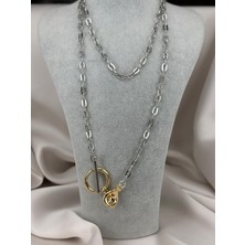 ZS Aksesuar Gümüş & Gold Renk T-Bar Kilitli Modern Zincir Kolye