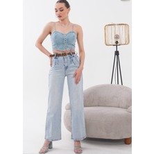 Rich Star Kadın Kemerli Açık Mavi Wide Leg Kot Pantolon