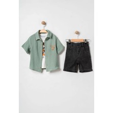 Bontino Erkek Bebek %100 Pamuk Sincap Nakışlı Gömlekli, Tişörtlü ve Şortlu Takım - 6-24 Ay