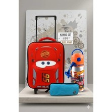 Disney Cars Çekçekli Anaokulu Çantası , Çift Gözlü Kalemlik - Hotwheels Aluminyum Matara Hediye