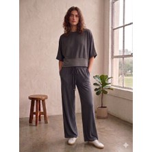 CGA Kadın Modal Takım Kadın Antrasit Modal Takım  Eteği Bant Bluzlu Bol Pantolonlu Pike Modal Takım