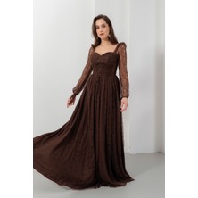 Lafaba Kadın Kahverengi Dar Kalıp Uzun Kol Bacak Dekolteli Dantelli Abiye Elbise