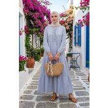 Çizgili Poplin Fırfır Detaylı Tesettür Elbise 2190-01 Lacivert