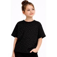 Mini Kanka Kız Çocuk Kısa Kollu Tişört Pamuklu Bisiklet Yaka Ribanalı Taşlı Detaylı Şık Günlük Çocuk Giyim