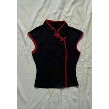 Moonstyle Collection Siyah Mandarin Yaka Kırmızı Şeritli Chenese Çin Y2K Kısa Kol Bluz