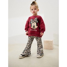 HaanBebe Kız Çocuk Minnie Mouse Baskılı Takım - Leopar Desenli Ispanyol Paça Pantolonlu Ikili Set