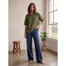 CGA Kadın Keten Bluz T-Shirt Tek Cepli Kadın Gömlek