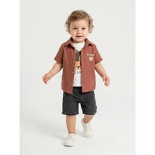 Bontino Erkek Bebek %100 Pamuk Sincap Nakışlı Gömlekli, Tişörtlü ve Şortlu Takım - 6-24 Ay