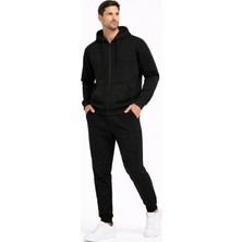 Justas Erkek Siyah Üç Iplik Şardonlu Kapüşonlu Boydan Fermuarlı Sweatshirt Siyah