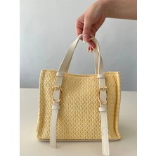 Deri Detaylı Çapraz Omuz Askılı Hasır El ve Omuz Çantası