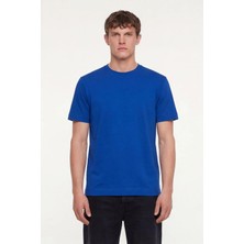 Sabri Özel Erkek Saks Mavi Normal Kesim Regular Fit %100 Pamuk Dokuma Bisiklet Yaka Basic T-Shirt