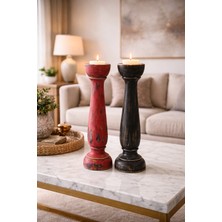 El Boyaması Ahşap Şamdan Mumluk 2’li Set 29 cm – Vintage Rustik Dekoratif Mumluk