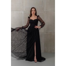 Lafaba Kadın Siyah Dar Kalıp Uzun Kol Bacak Dekolteli Dantelli Abiye Elbise