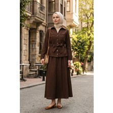 Sefa Merve Keten Kumaş Etek Ceket Ikili Takım 0256-03 Kahverengi