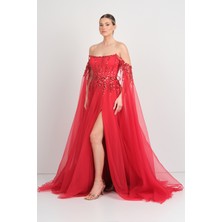 Ömür Inn Kadın Straplez Payet Işlemeli Kolları Pelerin Detaylı Uzun Abiye Elbise 5584 Kırmızı