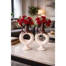 El Boyaması Seramik Vazo 2’li Set 31 cm – Modern Dekoratif Salon Vazosu | Lüks Ev Dekoru Çiçeklik