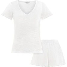 Jaya Pointelle V Yaka Şortlu Pijama Takımı / Beyaz