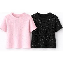 Mini Kanka Kız Çocuk 2’li Tişört Seti Pamuklu Kısa Kollu Bisiklet Yaka Ribanalı Taşlı Detaylı Şık Günlük Çocuk Giyim