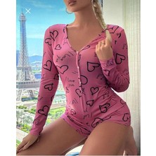 Aria's Closet Arias Closet Pamuklu Pembe Siyah Kalp Desenli Düğmeli Uzun Kol Tulum Pijama