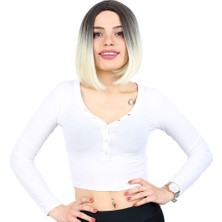 Bigelal Kahkülsüz Düz Kısa Fiber Sen Peruk / Küllü Siyah / Platin Ombreli