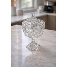 İliva Kapaklı Cam Şekerlik Ayaklı Kristal Görünümlü Lokumluk Çikolatalık Dekoratif Sunumluk 22 cm