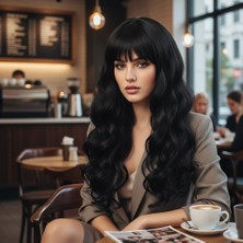 Bigelal Daalı Perçemli Uzun Fiber Sen Peruk / Koyu Kestane