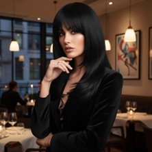 Bigelal Katlı Kesim Perçemli Düz Fiber Sen Orta Boy Peruk / Siyah