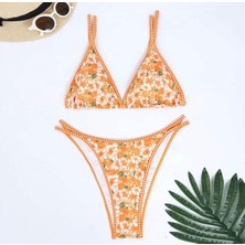 AGM Çiçek Desenli Kadın Bikini Takımı, Üçgen Tanga Bikini , Düşük Bel Tanga Külotlu Iki Parça Bayan Bikini