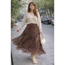 Zg Fashion Kadın Kahverengi Desenli Şifon Uzun Etek Yüksek Bel Uçuş Uçuş Model