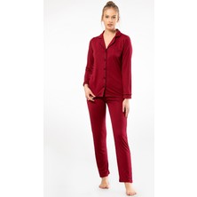 Türen Kadin Düz Uzun Kollu Gömlek Yaka Pijama Takimi 3365/BORDO