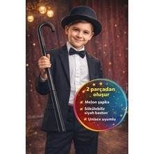 Toyfest Charlie Chaplin Baston ve Melon Şapka Seti 90 cm Sihirbaz Parti Gösteri - 5 - 12 Yaş