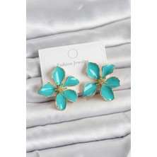 Solenya Turkuaz Mineli Çiçek Model Pirinç Kadın Küpe