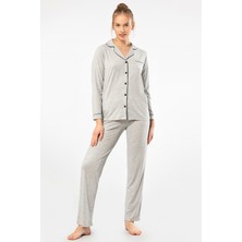 Türen Kadin Düz Uzun Kollu Gömlek Yaka Pijama Takimi 3365/GRI