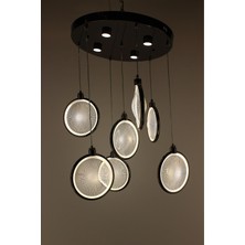 GN Gen Aydınlatma Lüks Platin Siyah 7li Işınsal Desenli Modern Pleksi Çemberli Serisi 3 Renk LED Sarkıt Avize