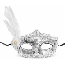 Cansa Gümüş Tüylü Payetli Lüks Taşlı Parti Maskesi