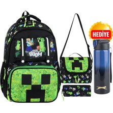 CLK Sports Minecraft Okul Sırt Çantası , Beslenme Çantası Kalemlik Seti - Lisanslı Çelik Suluk & Matara Hediye