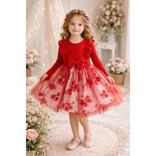 Lina Baby Bloomm Kırmızı Uzun Kollu Kız Bebek Elbise Tül Etekli Fiyonklu Şık Model