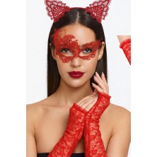 Zurafa Shop Lüks Kırmızı Dantel Maske ve Dantel Eldiven Seti - Masquerade Parti Kombini