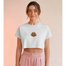Muhtar Store Minimal Gülümseyen Toy Poodle Baskılı Beyaz Crop Tişört Kadın