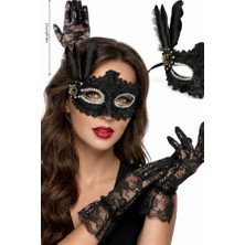 Zurafa Shop Lüks Siyah Venedik Maske ve Dantel Eldiven Seti - Masquerade Parti Kombini