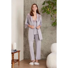 Pierre Cardin 2820 Kadın Royal Dantelli Penye 3'lü Sabahlıklı Pijama Takım