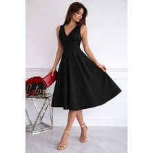 Stilvibe Kadın V Yaka Zara Krep Kumaş Midi Boy A Kesim Şık Elbise