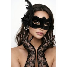 Zurafa Shop Lüks Siyah Venedik Maske ve  Eldiven Seti - Masquerade Parti Kombini