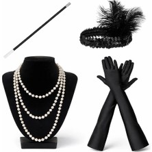 Cansa 1920’LER Çarliston Aksesuar Seti – Inci Kolye, Eldiven, Sigara Tutucu, Siyah Saç Bandı