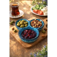 Mugusa Hediyelik El Yapımı Çini Seramik Kabartma Desenli Çintemani Firuze / Mavi Çerezlik - Kahvaltılık - Sunum Tabağı / Çeyizlik