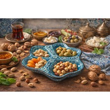Mugusa Hediyelik El Yapımı Çini Seramik Kabartma Desenli Kalp Model Firuze / Mavi Çerezlik - Kahvaltılık - Sunum Tabağı / Çeyizlik
