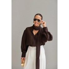 Purple By Banu Kahverengi Bağlama Detay Transparan Gömlek